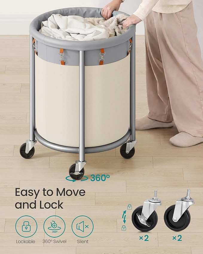 SONGMICS 29-Gallon (110 L) Laundry Basket with Wheels, Rolling Round Heavy-Duty Laundry Hamper Cart with Steel Frame and Removable Bag, 2 Locking Wheels, Dove Gray and Cream White URLS002GD02