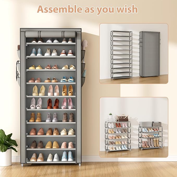 VTRIN Vertical Narrow Shoe Rack Organizer Tall Shoe Rack for Closet Entryway 10 Tier Non-Woven Cover Shoe Shelf Holds 36-41 Pairs Free Standing Shoe Storage Cabinet with Dustproof Cover, Grey