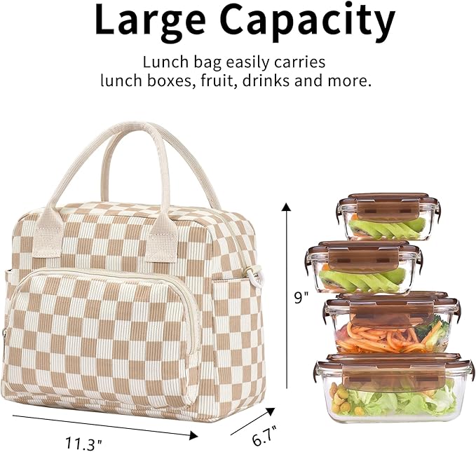 Lunch Bag Women Lunch Box for Women Adult Cute Insulated Lunch Bag Lager Cooler Lunch Tote Bags for Work Picnic (Beige-Brown Plaid)