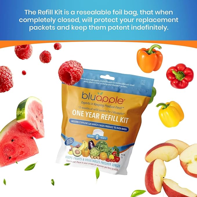 Bluapple Produce Saver Ethylene Gas Absorber - Fresh Fruit & Vegetable Storage, Food Savers for Refrigerator, 8 Packets (9g each), Each Packet Lasts 3 Months, Kitchen Must Haves, USA Made - Refill Kit