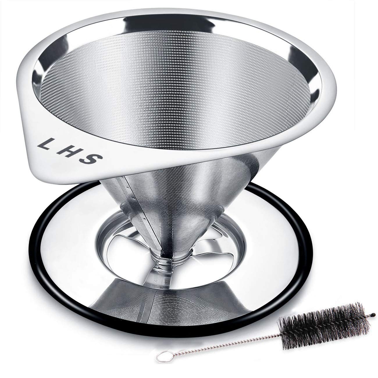 LHS Pour Over Coffee Dripper Stainless Steel Coffee Filter Metal Cone Filter Paperless Reusable Coffee Filter Single Cup Coffee Maker 1-4 Cup With Non-slip Cup Stand and Cleaning Brush