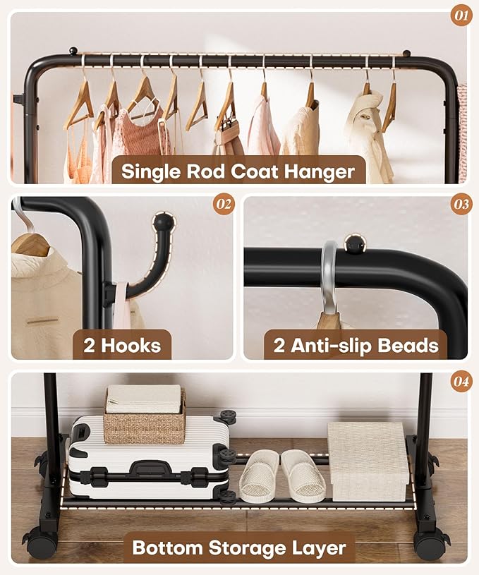 Homde Rolling Clothes Rack with Hooks: Standing Garment Storage for Indoor - Hanging Rod for Bedroom Laundry Room - Coat Dress Organizer on Wheels with luggage shelf (Black, 32")