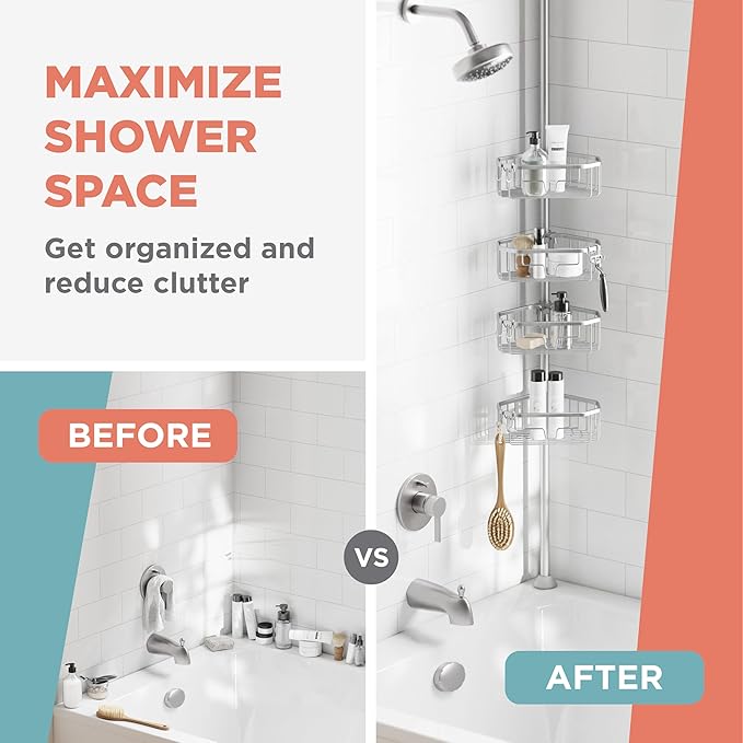 Zenna Home Tension Pole Shower Caddy Corner Organizer, Adjustable Standing Shower Caddy with 4 Shelves, Rustproof Bathroom Tension Rod Organizer, 60 to 108 Inch, Satin Chrome