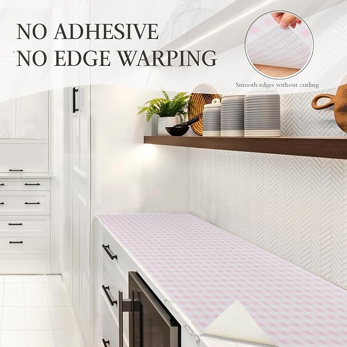 Beautysaid Shelf and Drawer Liner for Kitchen Cabinet, Non Adhesive Non Slip Shelf Paper Waterproof Washable Thickened for Dresser Pantry Shelve Bathroom Protector Liner(Pink Checkered,12 in x 20FT)