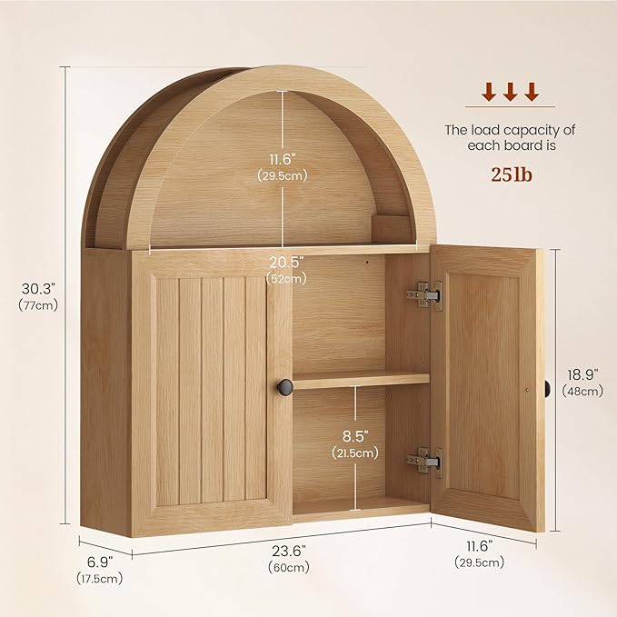 Arched Bathroom Wall Cabinet, 23.6 x 30.3'' Over The Toilet Cabinet with Grille Door, Adjustable Shelf, Wall Mounted Cabinets for Bathroom Laundry Room Kitchen (Oak, 30IN)