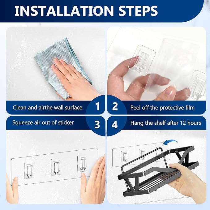 Shower Caddy Adhesive Replacement Hooks, Strong Waterproof Strips, No Drilling for Bathroom Shelves, Kitchen Racks, and Soap Holders (Transparent-6 Pack 1&3 Hook)
