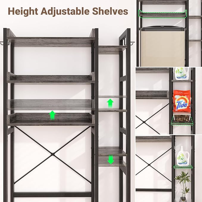 Over The Toilet Storage with 2 Drawers - 7 Tier Bathroom Organizer with Adjustable Shelf, Freestanding Space Saver Storage Rack Above Toilet Stand with 4 Hooks for Restroom, Laundry, Grey Oak