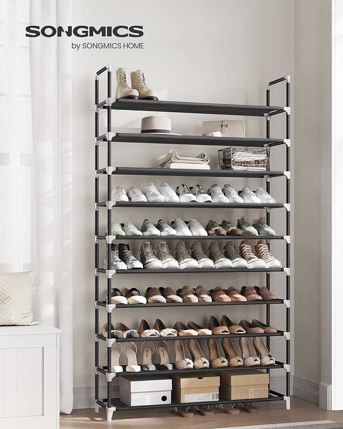 SONGMICS Shoe Rack, 10-Tier Shoe Shelf, Shoe Storage Organizer, 11 x 37 x 68.9 Inches, Metal Frame, Non-Woven Fabric Shelves, for Entryway, Bedroom, Black ULSH11H