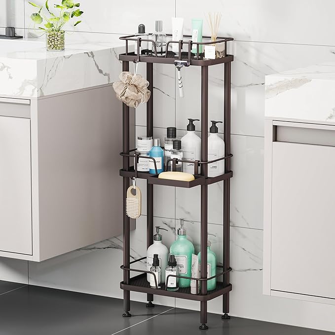 HapiRm Standing Corner Shower Caddy - 3 Tier Corner Shower Organizer with Soap Holder, Rustproof Stainless Steel Bathroom Shelf with 4 Hooks, Bronze