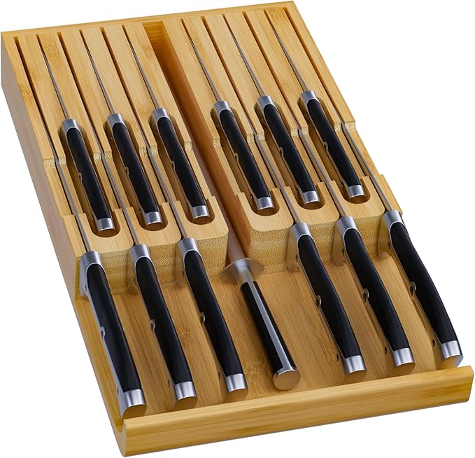 Domax Knife Drawer Organizer Insert Bamboo for 12 Knives, Gray
