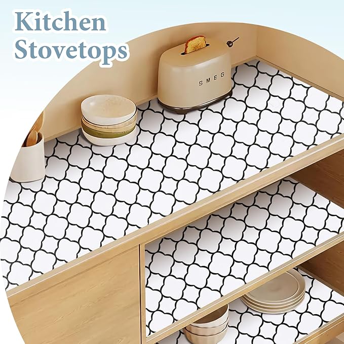 Shelf Drawer Liners for Kitchen Cabinets 11.8 x 118 Inches Non Adhesive Drawer Liner Thickened Refrigerator Liner Black Quatrefoil Strong Non-Slip Paper for Tool Box with Knife and Tape Measure