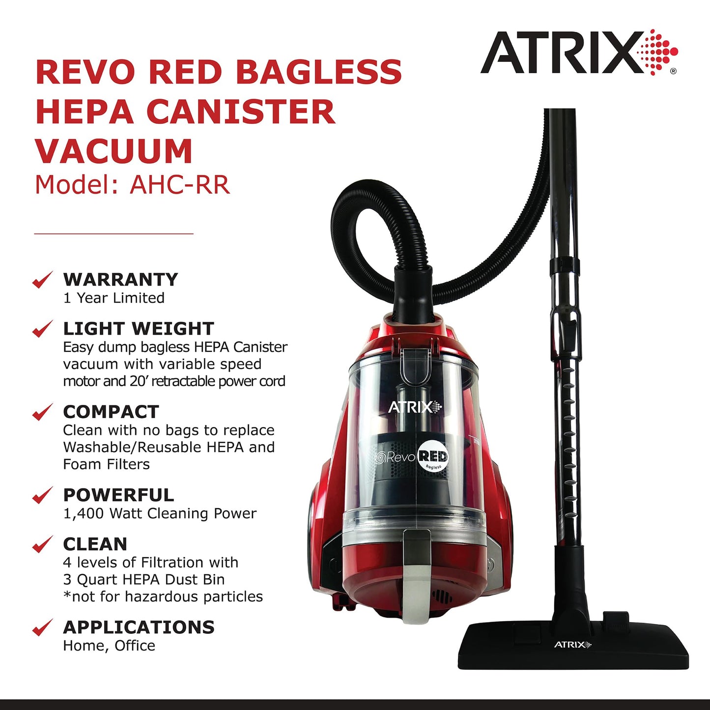 Atrix AHC-RR Revo Red Canister Vacuum Bagless