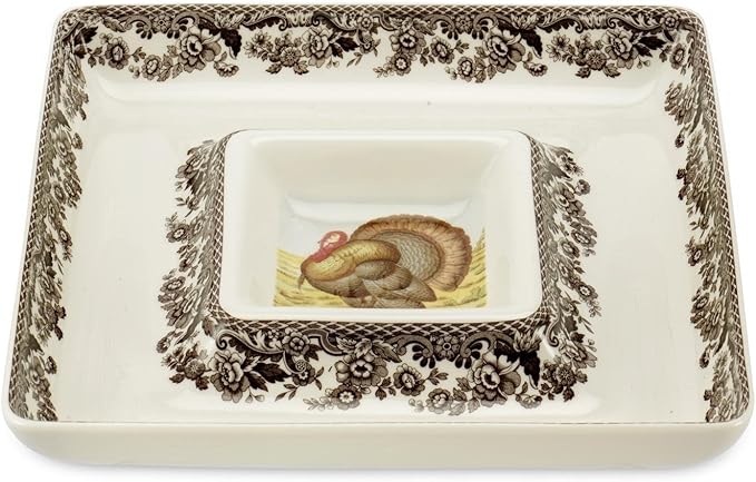 Spode Woodland Turkey Square Chip and Dip, 12"