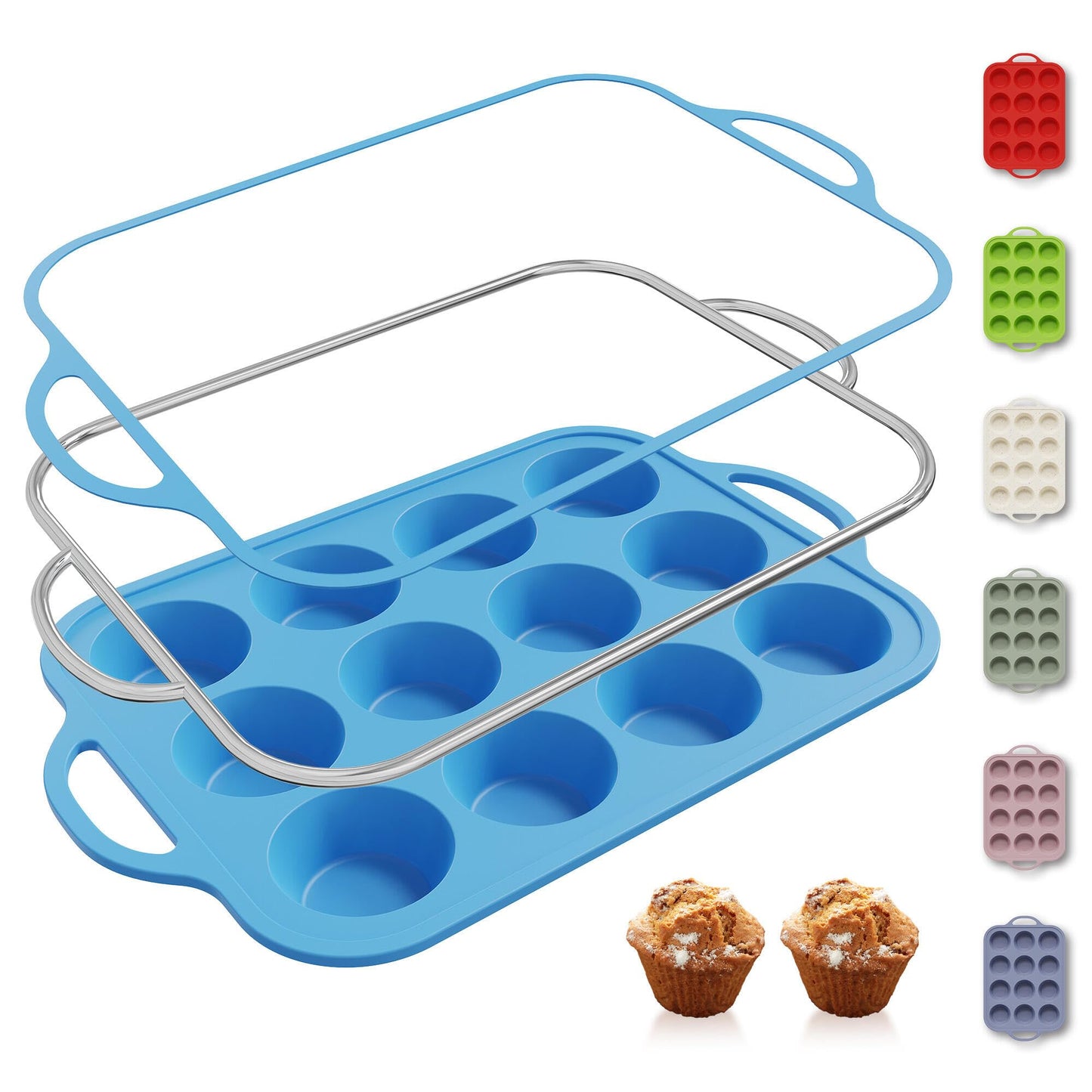 2 Packs 12 Cups Silicone Muffin Pan for Baking with Metal Reinforced Frame Regular Size Cupcake Pan Tray Chocolate Egg Pizza Bites Oven Top Cookie Molds Muffin Tin Tart Pans Sheet Set Bakeware Liner