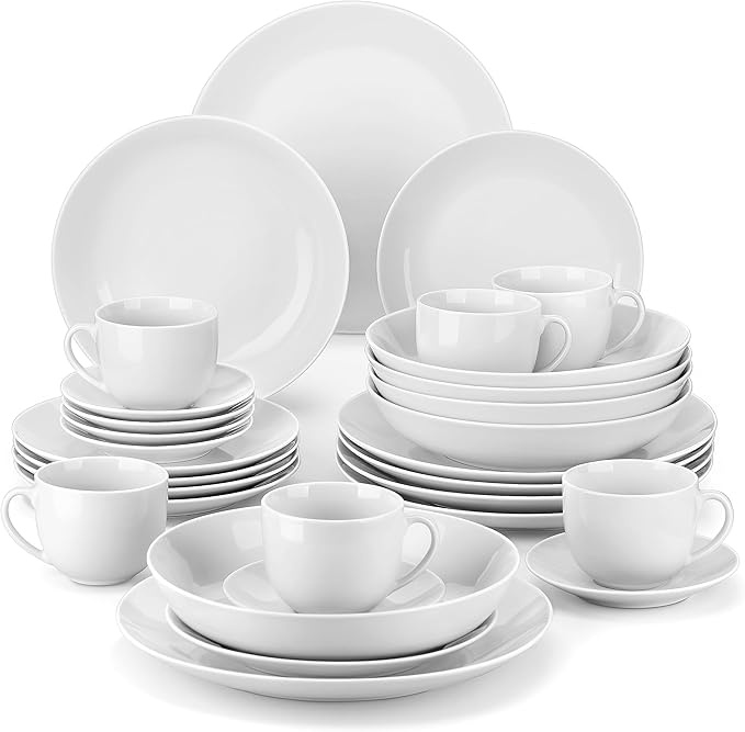MALACASA 30 Piece Porcelain Dinnerware Set, Grey White Dish Set for 6, Square Ceramic Dishware Sets, Chip and Scratch Resistant Plates and Bowls Sets, Cups and Saucers, Series ELISA