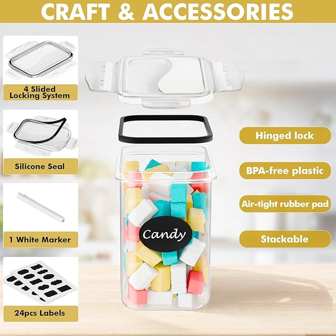 SNSLXH Airtight Food Storage Containers with Lids, 24 pcs Plastic Pantry Organizers and Storage Canisters for Cereal, Dry Food, Flour and Sugar, BPA Free, Includes 24 Labels