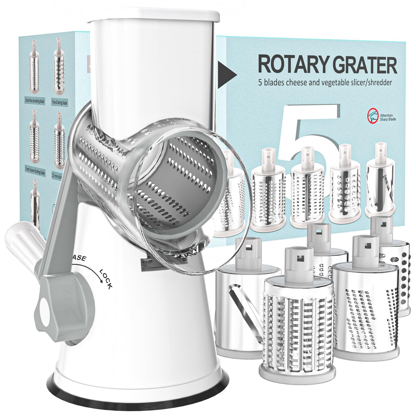 Cambom Rotary Cheese Grater Hand Crank Cheese Shredder for Fresh Cheese, Vegetable, Nuts,Non-slip Suction Base，Three Blades,Blue
