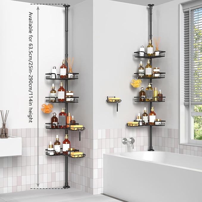 Tension Pole Shower Caddy 5x Stability, Adjustable Floor to Ceiling Shower Organizer, Standing Shower Tension Rod Shelves, 4 Tier Storage Shelves with 2 Soap Holders/Hanging or Adhesive, 25in-114in
