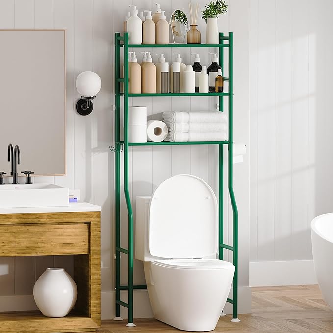 3-Tier Over The Toilet Storage, Space Saver Metal Bathroom Shelves, Freestanding Above Over Toilet Storage Shelf with 4 Hooks for Bathroom, Green