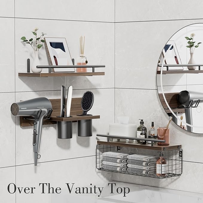 Bathroom Floating Shelves with Hair Dryer Holder - Wall Mounted Wood Wall Shelf with Blow Dryer Storage Over The Toilet - Set of 3 Rustic Brown Farmhouse Decor