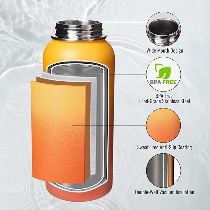 32 oz Insulated Water Bottle with Handle, 304 Stainless Steel Water Bottles with Wide Mouth, Double Wall Vacuum Sports Water Bottle, BPA Free, Keep Cold and Hot, Yellow&Orange
