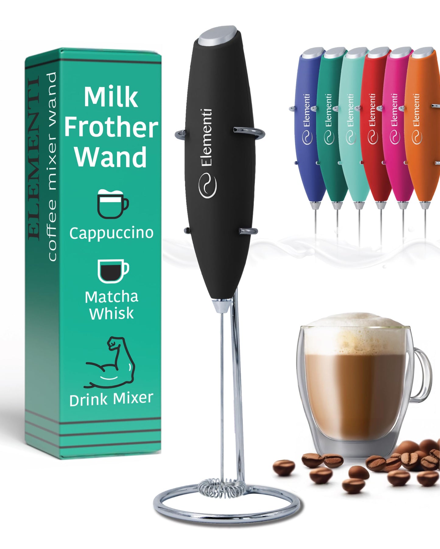 Elementi Portable Milk Frother & Stand – Compact Mixer for Powdered Drinks and Coffee, Electric Whisk Hand Blender, Specialty Kitchen Appliance (Pumpkin Orange)