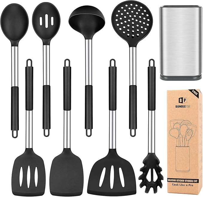 Silicone Cooking Utensils Set, 8 Pcs Kitchen Utensils with Holder, Red