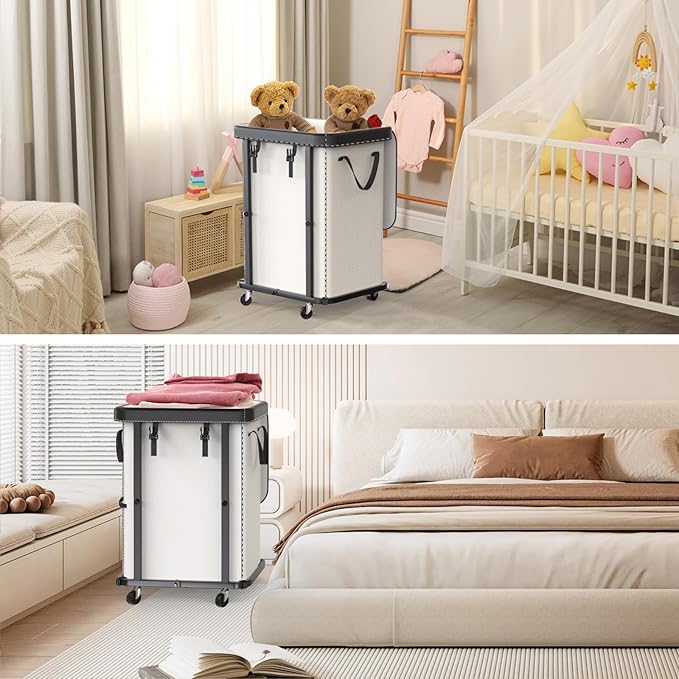 150L (40 Gal) Large Fashion Laundry Basket with Wheels, Leather Patchwork Rolling Hamper Carts, Sturdy Metal Frame, Removable Washable Bag, Tall Clothes Sorter for Bedroom, Laundry Room - Beige