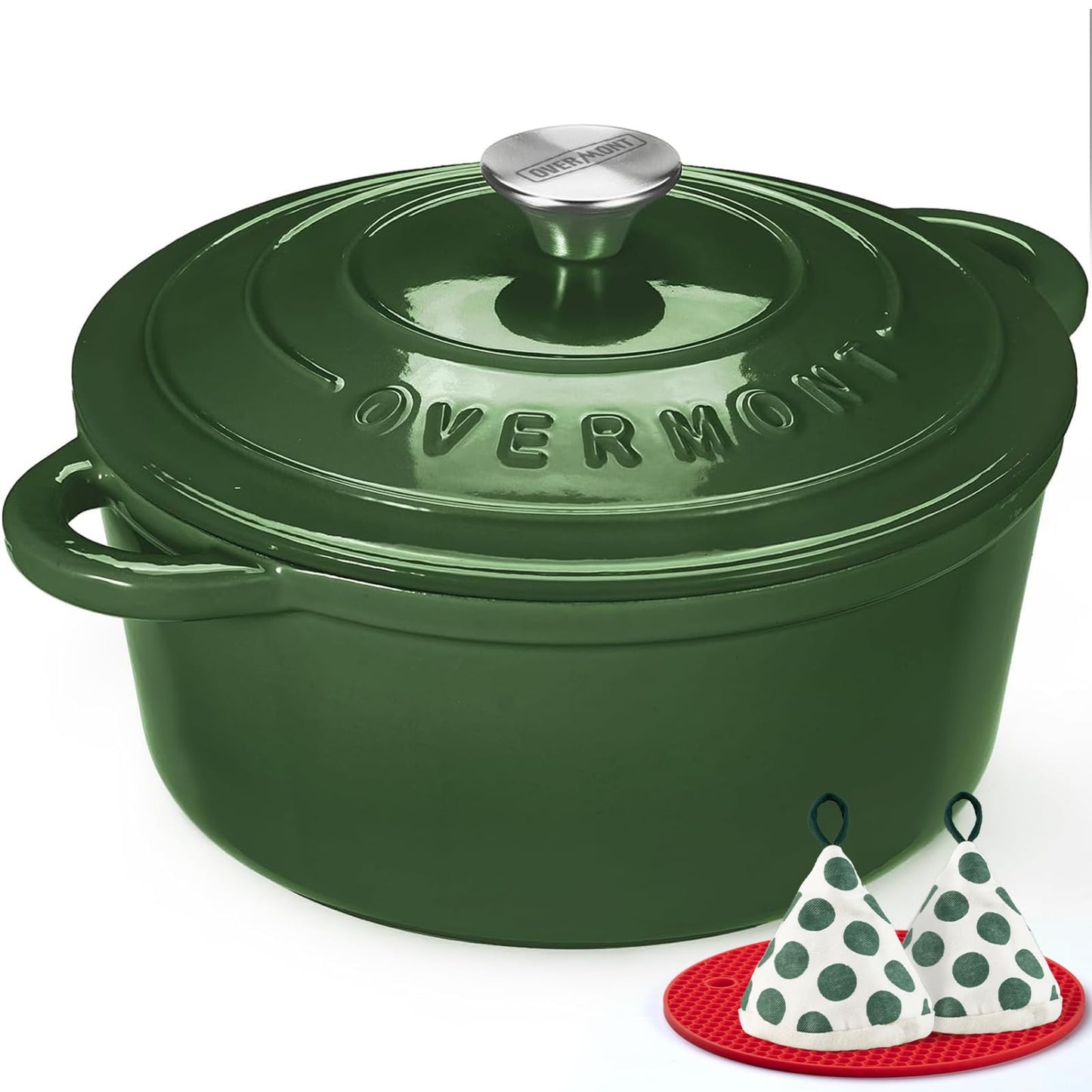 Overmont Enameled Cast Iron Dutch Oven - 5.5QT Pot with Lid Cookbook & Cotton Potholders - Heavy-Duty Cookware for Braising, Stews, Roasting, Sourdough Baking Verdant