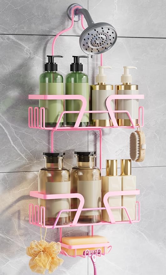 Shower Caddy Hanging, Pink Over the Shower Head Caddy with Soap Holder, Bathroom Organizer with Hooks for Razors and Bath Sponges