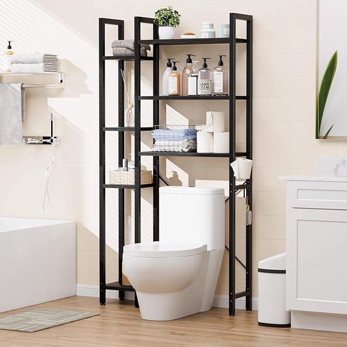 OTK Over The Toilet Storage with 7-Tier Bathroom Organizer Shelf, Freestanding Space Saver with Adjustable Feet & Hooks, Storage Rack for Bathroom, Restroom, Laundry, Black