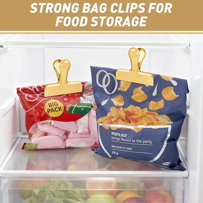 Funfery 24 Pack 3 Inch Stainless Steel Gold Chip Clips Strong Bag Clips Large Clip for Food Packages,Metal Kitchen Food Clip for Snack Home&Office Paper Heavy Duty