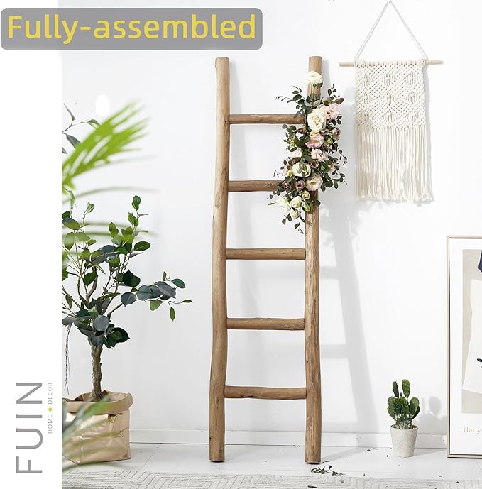 FUIN Fully Assembled 57in Wood Blanket Ladder Living Room Decorative Wall Leaning Farmhouse Quilt Display Holder Rustic Wooden Towel Rack for Bathroom, Brown