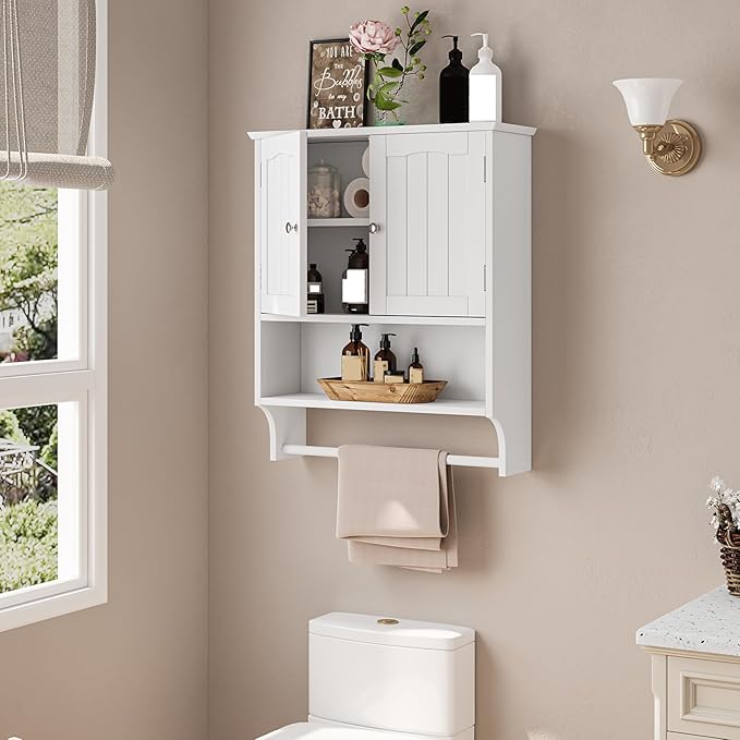 Bathroom Cabinet, White Bathroom Wall Cabinet with 2 Doors and Adjustable Shelf, Wall Mount, Towel Rack, Over The Toilet Storage Cabinet, Medicine Cabinet