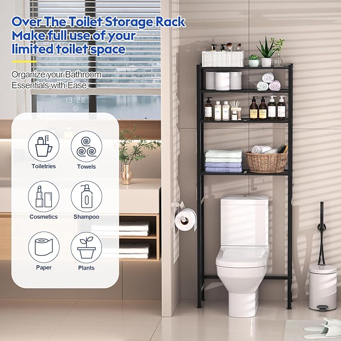 samstar 4 Tier Over The Toilet Storage Rack, Bathroom Organizer Shelves Cabinet Above Toilet, with Adjustable Height Freestanding Shelf Space Saver, Black