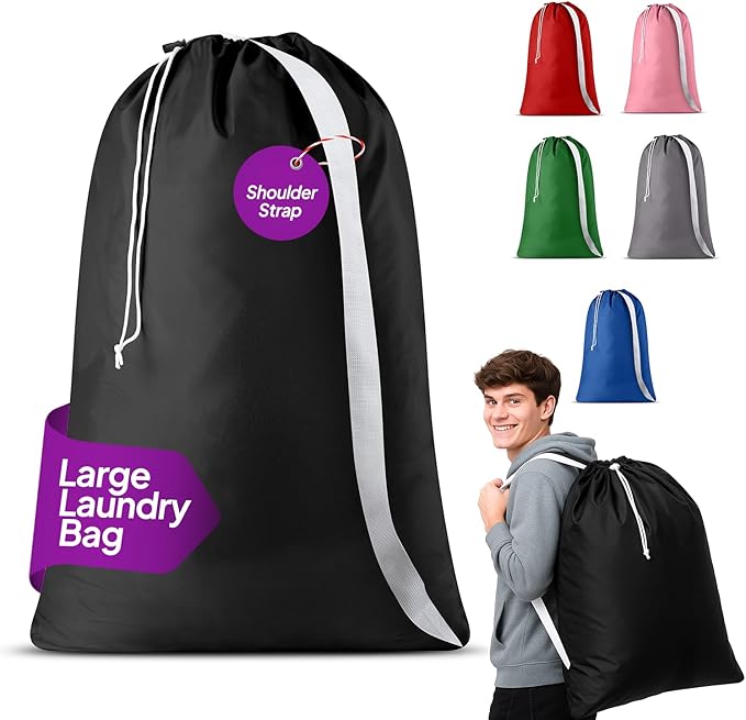 Handy Laundry Bag Shoulder Strap Extra Large - Drawstring Locking Closure, Durable Material, Heavy Duty Stitching, Hands Free Carrying - Perfect College Dorm (Black, 30" x 40")
