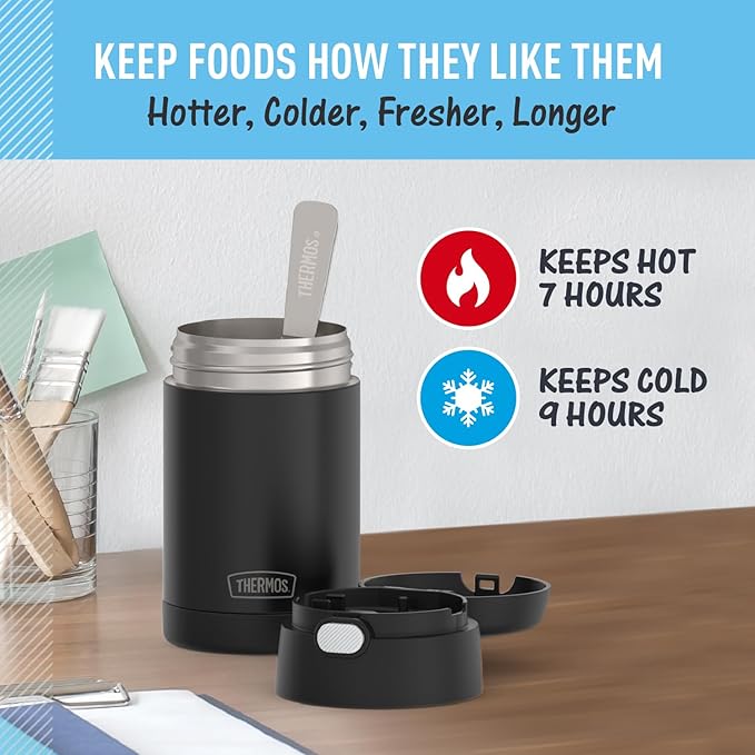 THERMOS FUNTAINER Insulated Food Jar, 16 Ounce, Kid Friendly Food Jar with Foldable Spoon, Matte Black