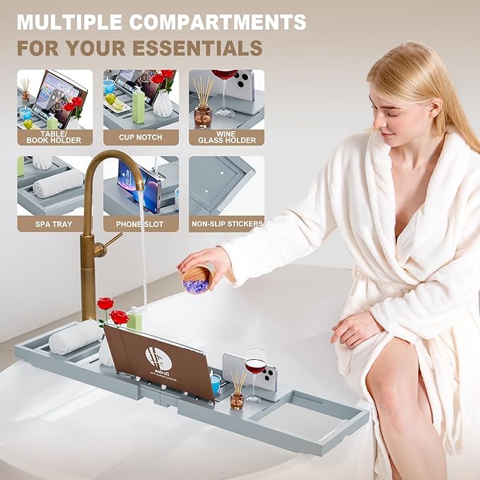 Premium Bathtub Tray Caddy, Expandable Bath Tray, Unique House Warming Gifts, New Home, Anniversary and Wedding Gifts for Couple, Bridal Shower Gift for Women