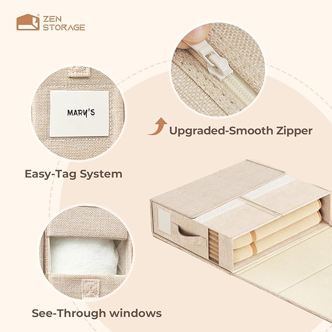 8Pack Sheet Organizers for Linen Closet - King/Queen Size Bedding Storage Boxes with Clear Window | Foldable, Dustproof Linen Organizer for Blankets & Sheet Sets,Beige