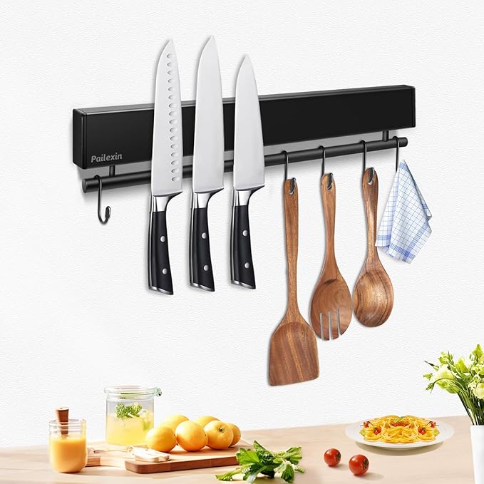 Pailexin 20 inch magnetic knife holder with 10 hooks, no drilling knife magnetic strip, and utensil hanger for wall. Powerful knife magnet rack includes tape and screw