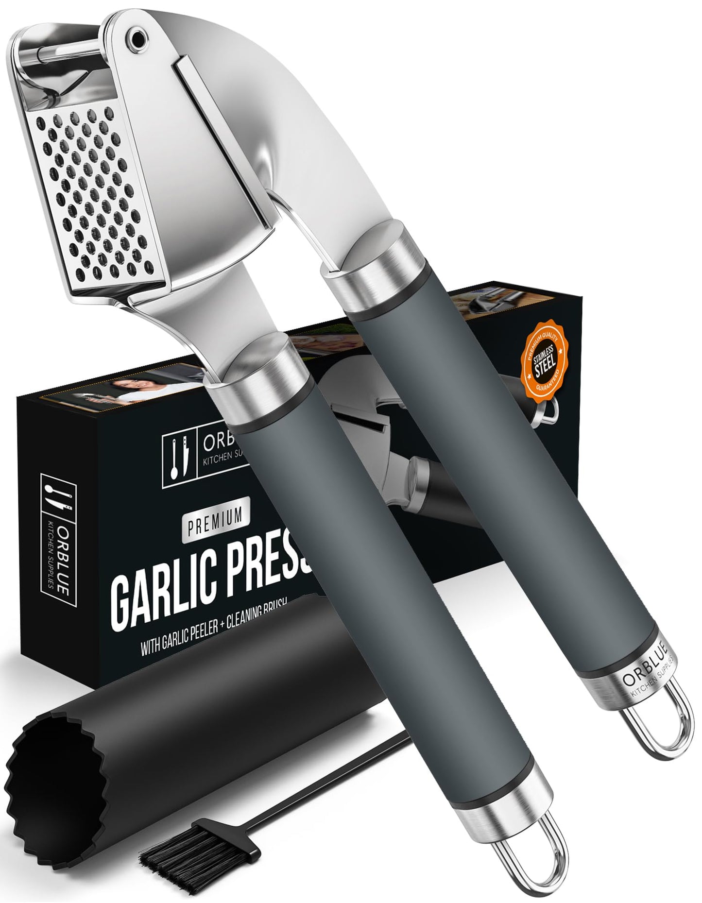 ORBLUE Garlic Press Stainless Steel - Premium Professional Grade Garlic Mincer, Crusher & Peeler Set - Easy Clean, Dishwasher Safe & Rust-proof