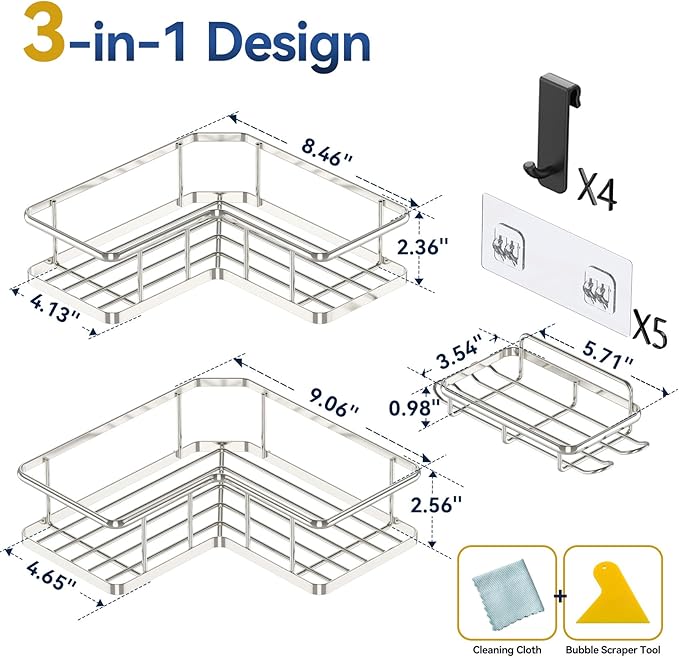 YASONIC Corner Shower Caddy Organizer, Self-Adhesive Rustproof Bath Shelves with Soap Holder & 4 Hooks, Large Capacity Shower Storage Rack for Bathroom Organization, (3Pack, Silver)
