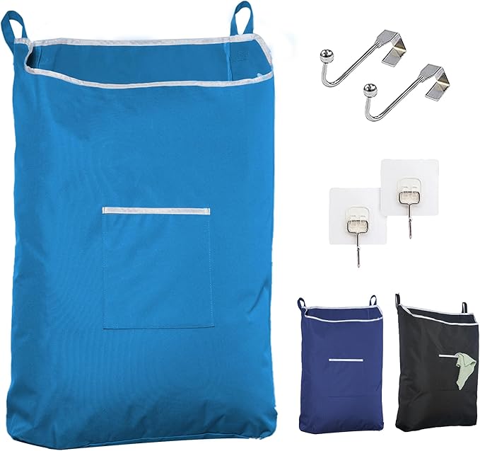 The Fine Living Co. X-Large Hanging Laundry Hamper with Over Door Hooks & Adhesive, Durable Space Saving Laundry Bag with Zipper and Wide Open Top, Hanging Dorm Laundry Hamper 20"x3.75"x31" (Blue-XL)