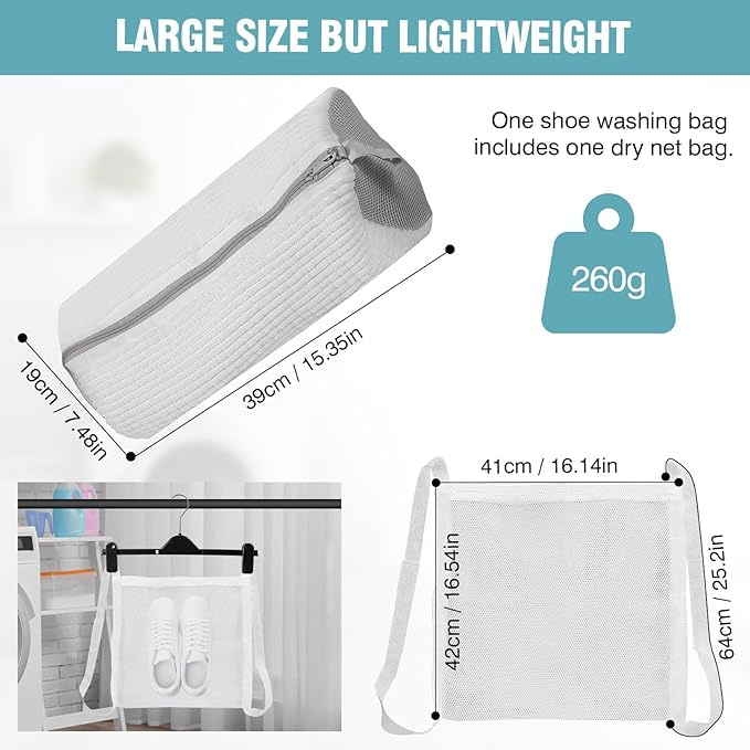Shoe Washing Machine Bag, Shoe Laundry Bag for Washer and Dryer, Include Dry Net Bag, Reusable and Durable Zipper with Hook Design, Shoe Washing Bag for Sneaker (White, 1 Pack)