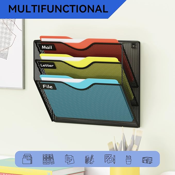 3 Pockets Hanging Wall File Organizer Mail Holder, Wall Mounted Paper Document Folder Holder, Clipboard Storage Organization Magazine Rack, Black