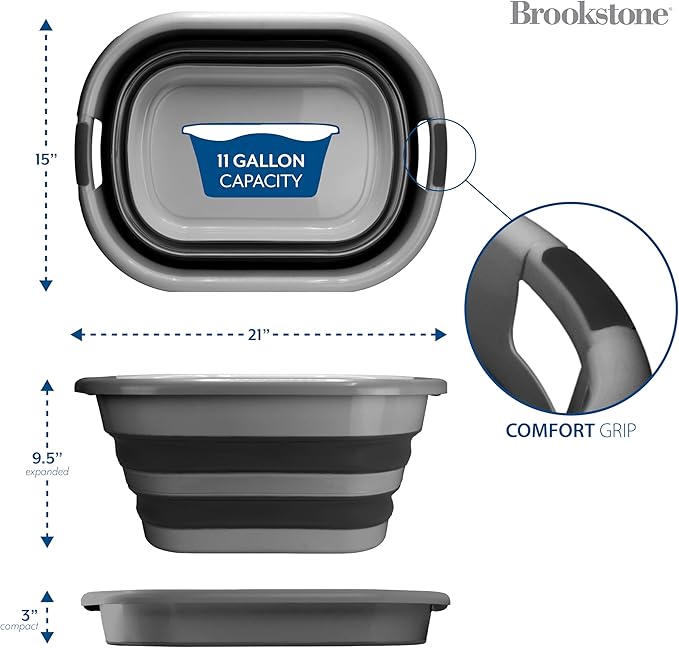 BROOKSTONE Collapsible Laundry Basket Set, Modern Medium Collapsible Basket Set, Comfort Non-Slip Grip Handles, Minimalist Space Saving Design, Portable Pop-Up Hamper, BPA FREE, Dark Grey, 2 PACK