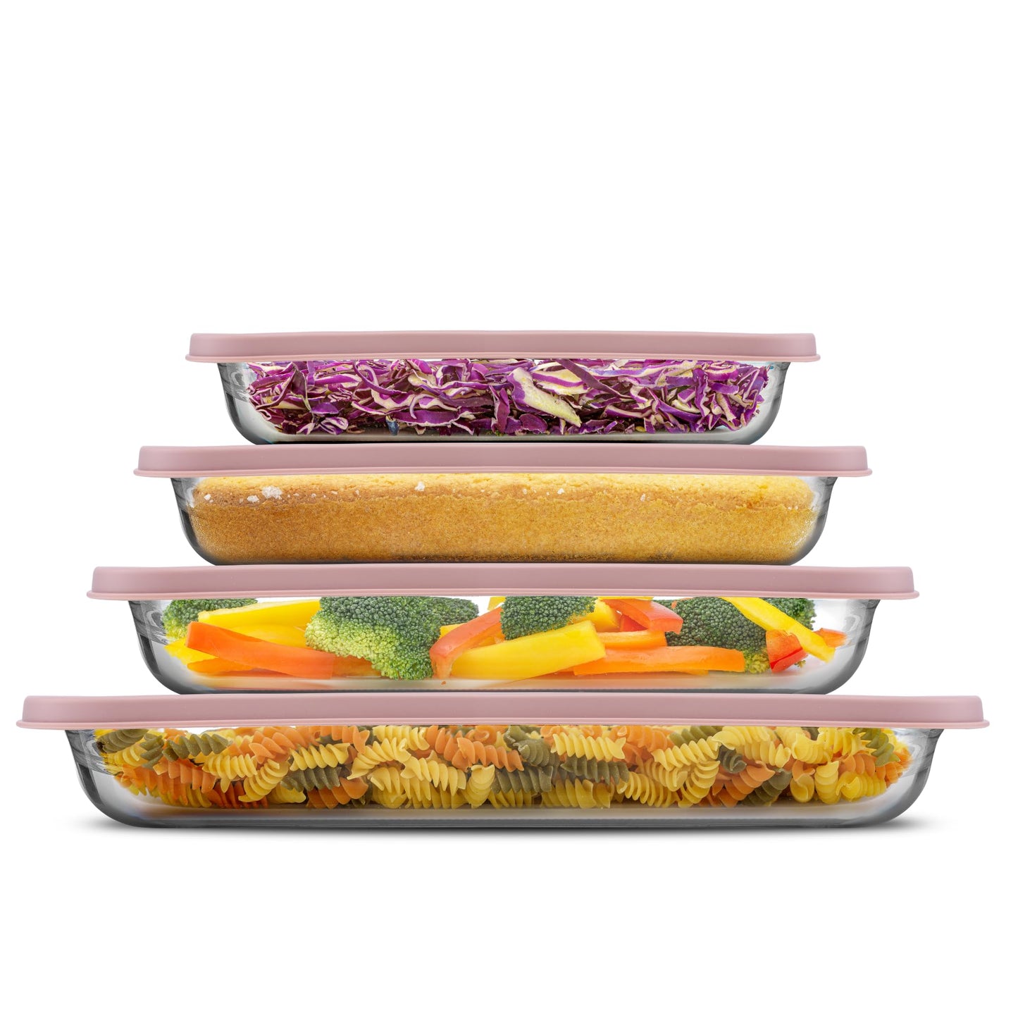 JoyJolt 8-Piece Borosilicate Glass Oven Dishes with Powder Blue Lids, Rectangle Deep Glass Baking Dish Set, Baking Pans for Lasagna Casserole Cake, Bakeware Set, Freezer to Oven Tray to Dishwasher