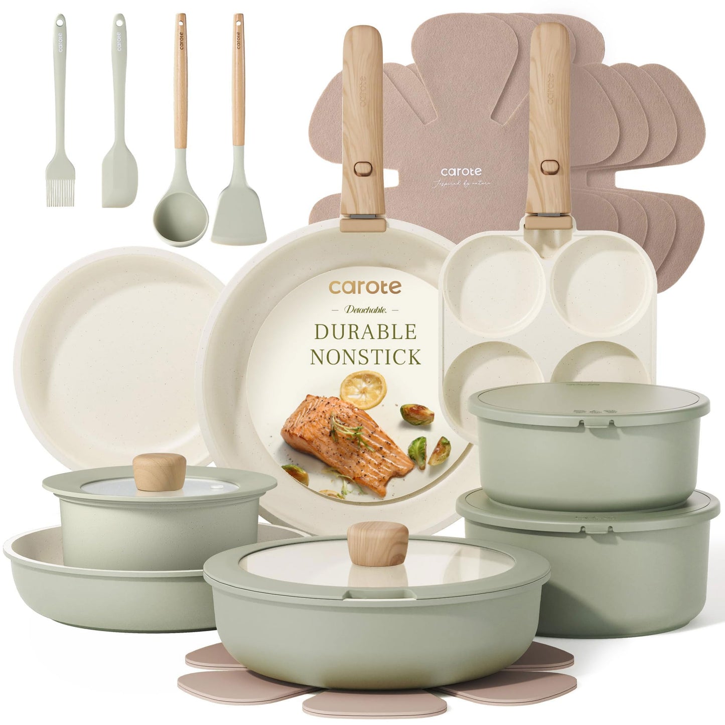 CAROTE 19pcs Pots and Pans Set Non Stick, Detachable Handle Cookware, Green
