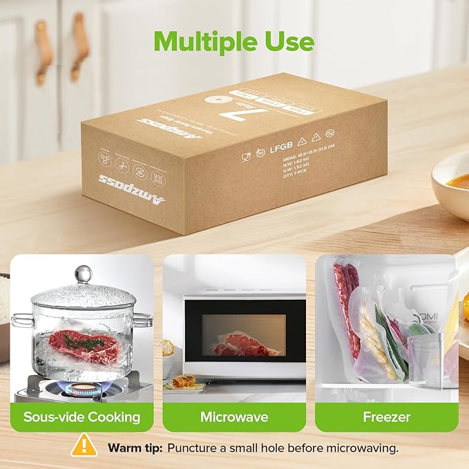 Amzpass Vacuum Sealer Bags for Food, 7 Pack - 8" x 20' (3 Rolls) + 11"x 20' (3 Rolls) + 6"x 20' (1 Roll), BPA-Free Commercial Grade Embossed Customized Size Bags for Food Storage, Meal Prep, Sous Vide