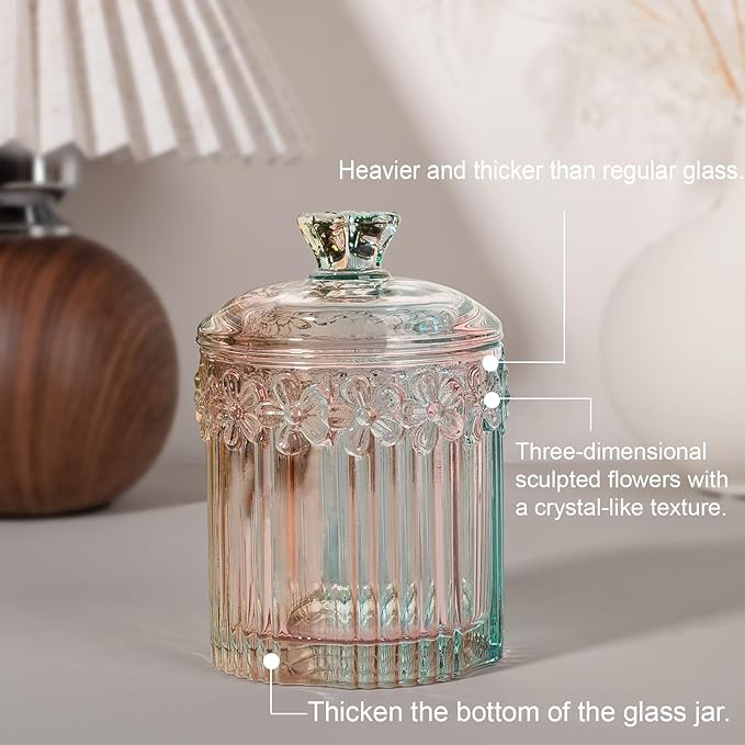 rejomiik 2 Pack Qtip Holder Glass Apothecary Jars with Lids Bathroom Accessories Vanity Organizers and Makeup Storage Canister for Cotton Swabs, Balls, Pads, Floss Picks, Candy, Rainbow